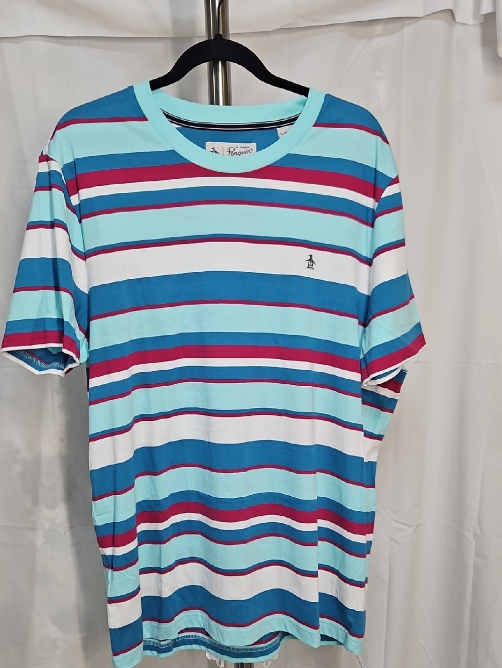 Original Penguin Men’s Striped Crew Neck Tee - Aqua/Blue/White/Magenta